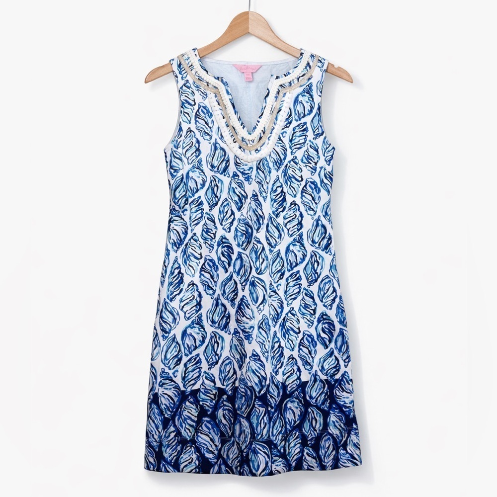 Lilly Pulitzer | Harper Blue White Conch Shell Pattern Tropical Shift Dress XXS